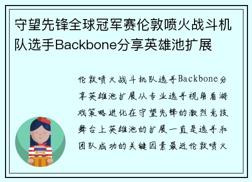 守望先锋全球冠军赛伦敦喷火战斗机队选手Backbone分享英雄池扩展