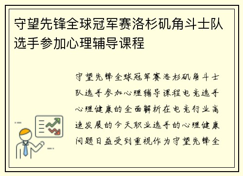 守望先锋全球冠军赛洛杉矶角斗士队选手参加心理辅导课程