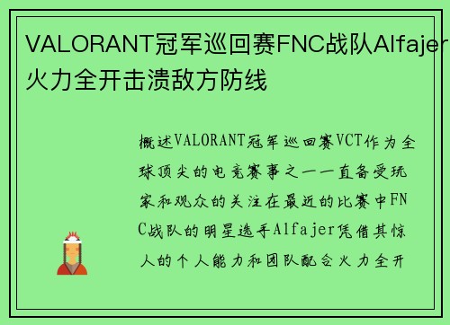 VALORANT冠军巡回赛FNC战队Alfajer火力全开击溃敌方防线